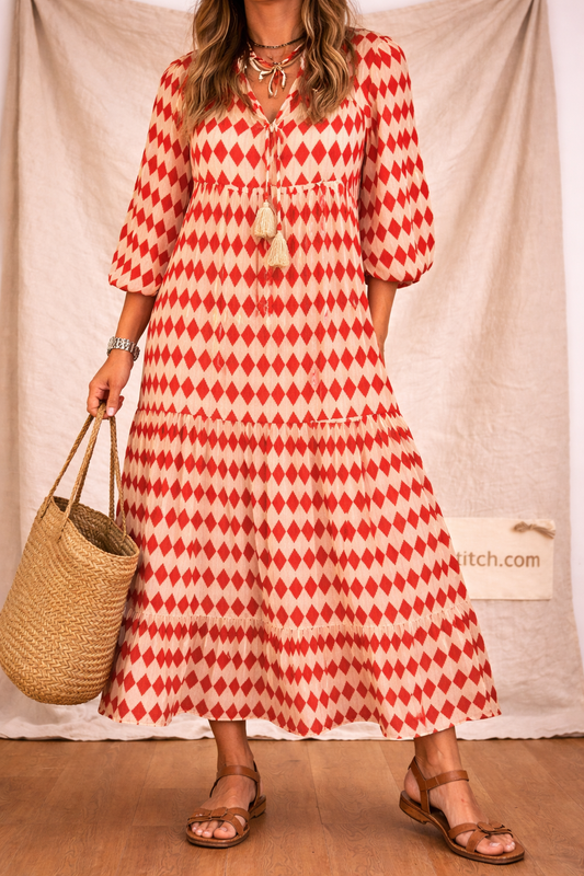 Puff Sleeve Dress - Geometric Print