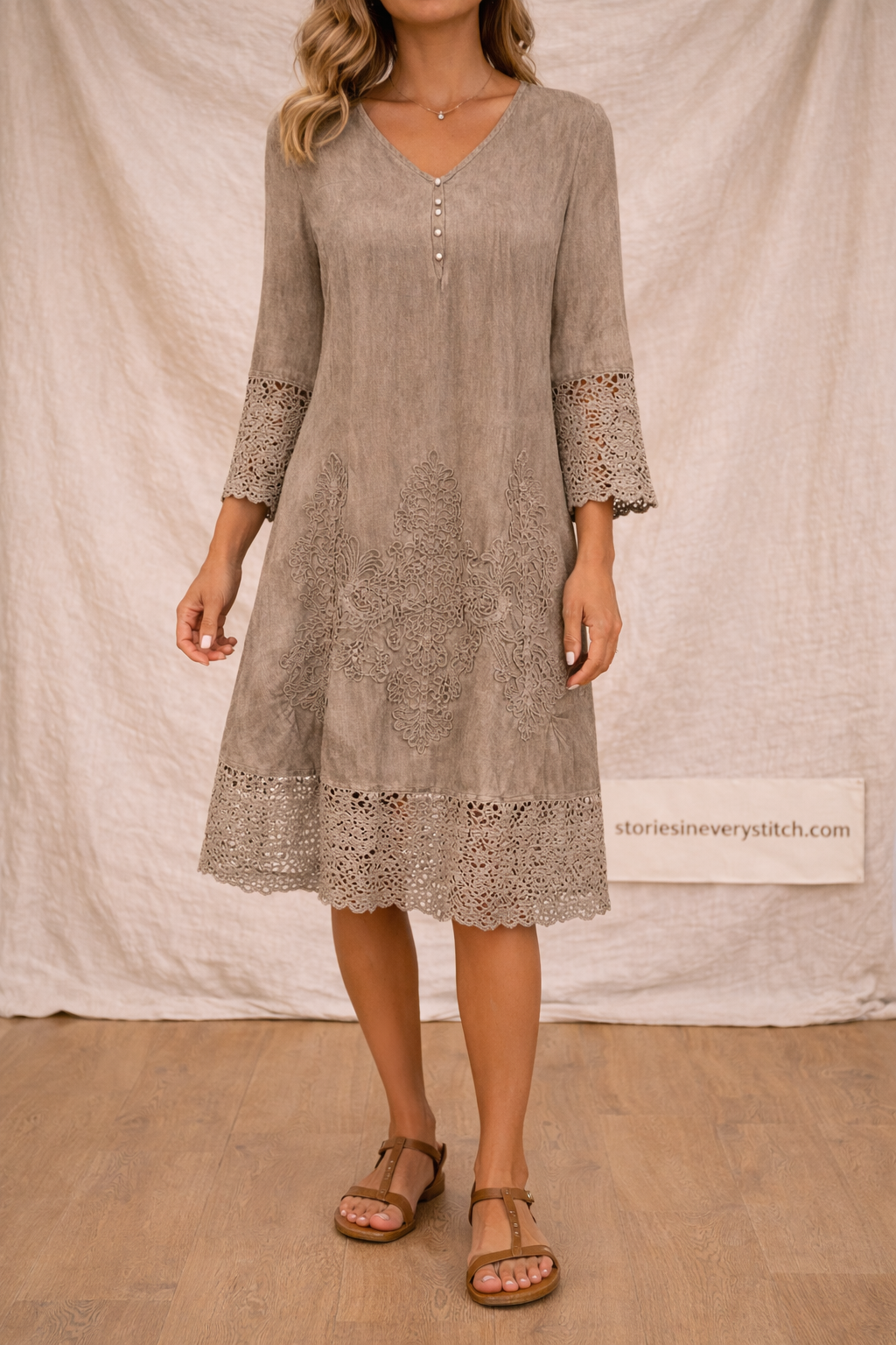 Lace Trim Button Midi Dress