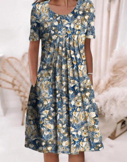 European And American Summer Women's Casual Floral Round Neck Mid-length Straight Dress