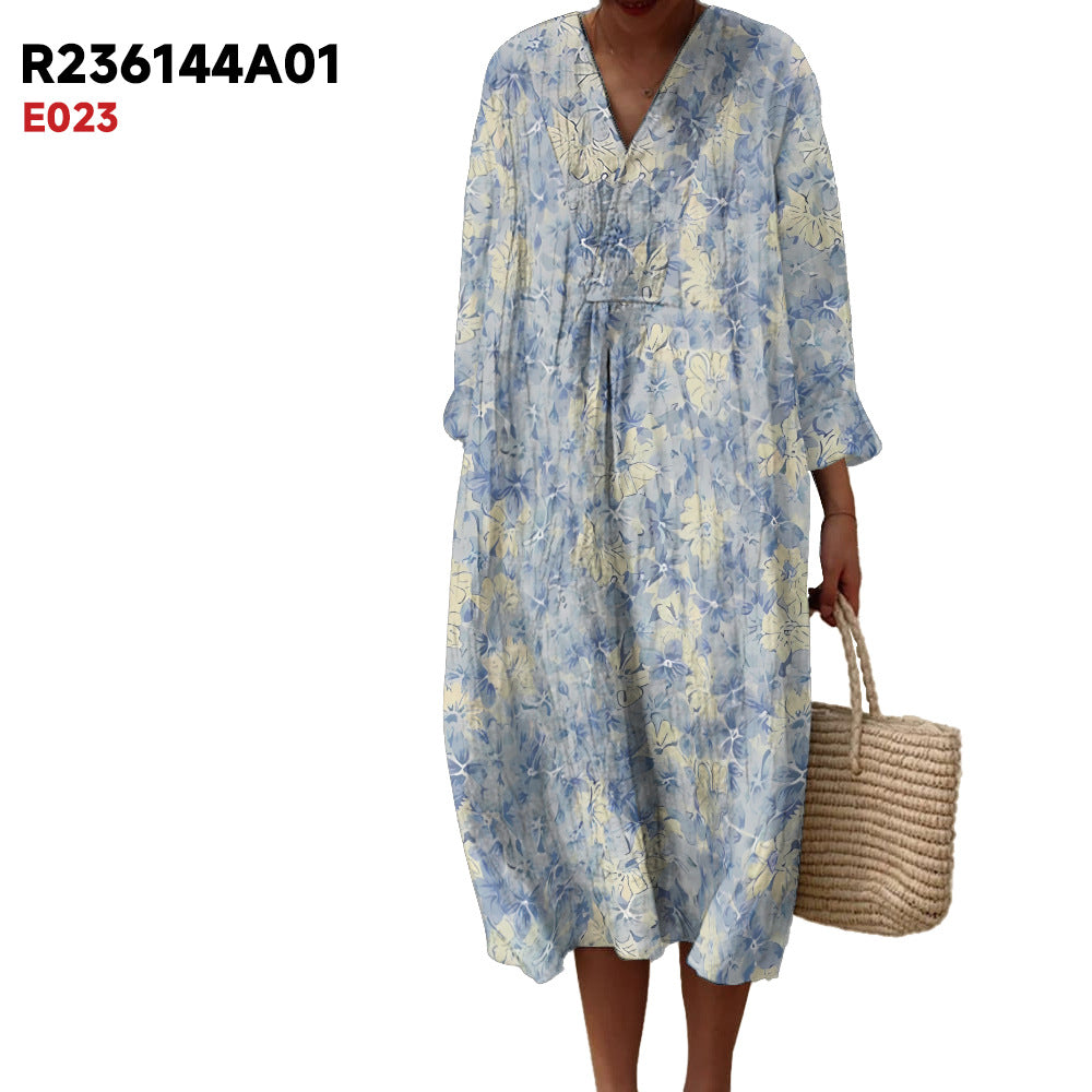 Women's Spring And Summer New Digital Printing Large Width V-neck Long-sleeve Dress