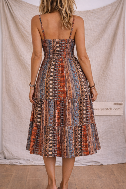 Boho Patchwork Print Spaghetti Strap Midi Dress