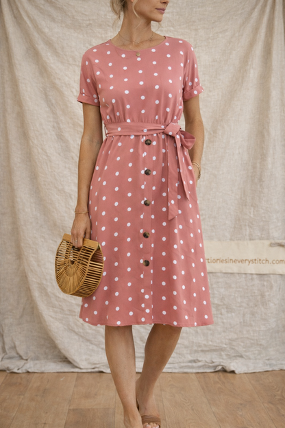 Polka Dot Button-Front Tie-Waist Midi Dress