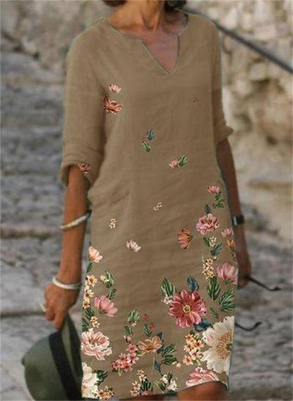 Summer Printed Loose Bamboo Fiber Linen Floral Short Sleeve Women's Dress
