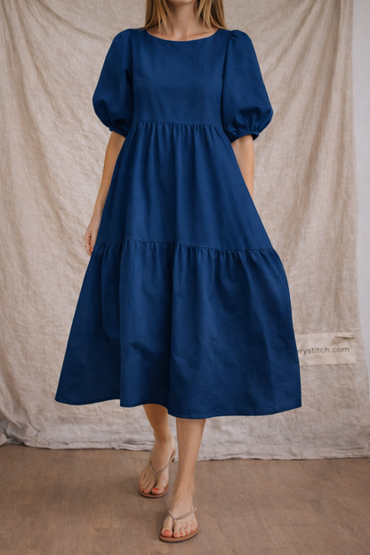 Women’s Casual Puff Sleeve Midi Dress – Loose Fit Tiered Summer Dress