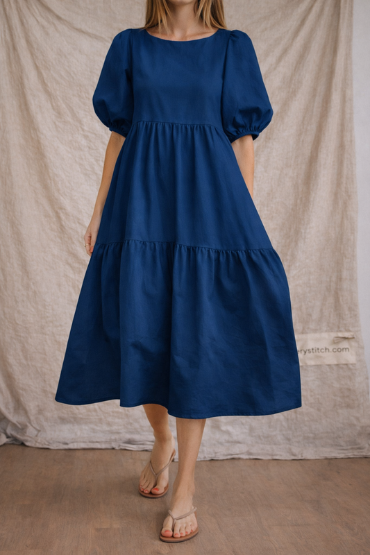 Women’s Casual Puff Sleeve Midi Dress – Loose Fit Tiered Summer Dress