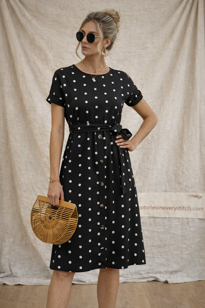 Polka Dot Button-Front Tie-Waist Midi Dress