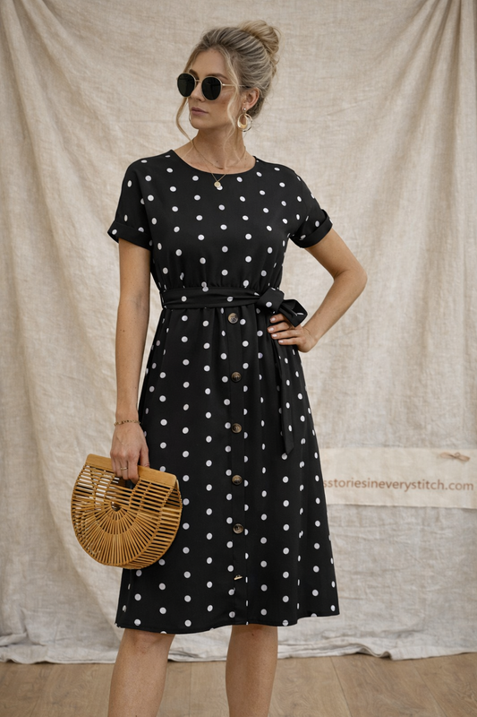 Polka Dot Button-Front Tie-Waist Midi Dress