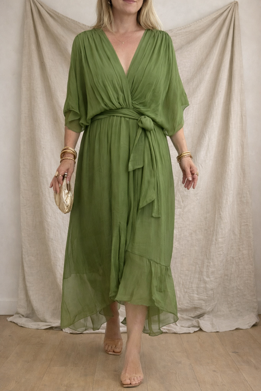 Batwing Sleeve V-neck Dress Summer Pure Color Tied Irregular Long Dresses Womens Clothing