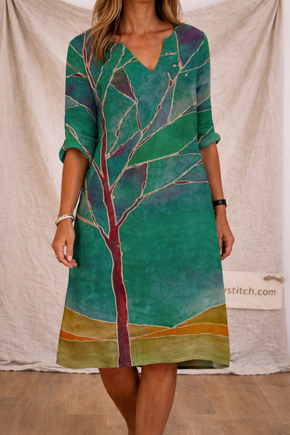 Abstract Tree Print V-Neck Mini Dress