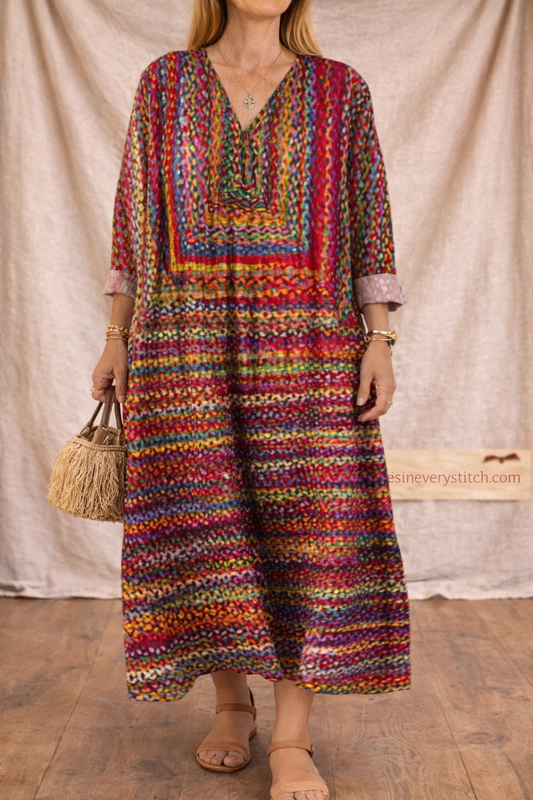 Bohemian Patchwork V-Neck Midi Dress