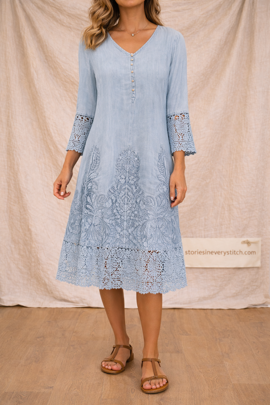 Lace Trim Button Midi Dress