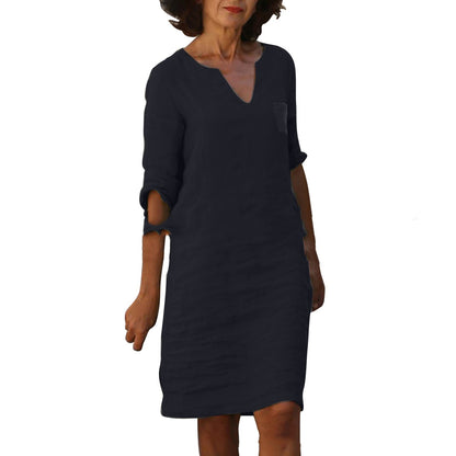European And American Style With Pockets Spring And Summer Wash Wrinkle Small V-neck Dress