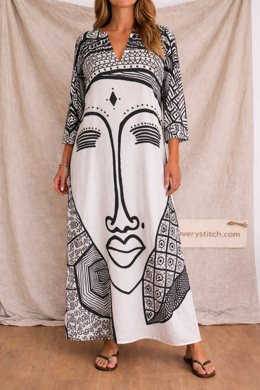Abstract Face Print Boho Midi Dress