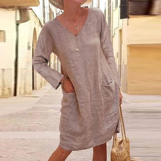 Women Elegant Cotton Linen Dress Summer Casual V-Neck Loose Party Dress Ladies Vintage Autumn Plus Size Long Sleeve Dress Pocket