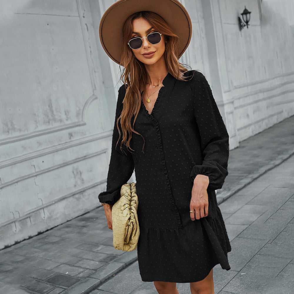 Casual Holiday Dress Spring And Summer Long Sleeves Ruffled Solid Color A- Line Skirt