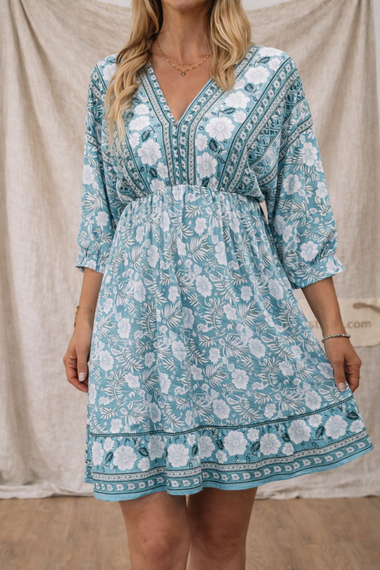 Boho Floral V-Neck Empire Waist Mini Dress
