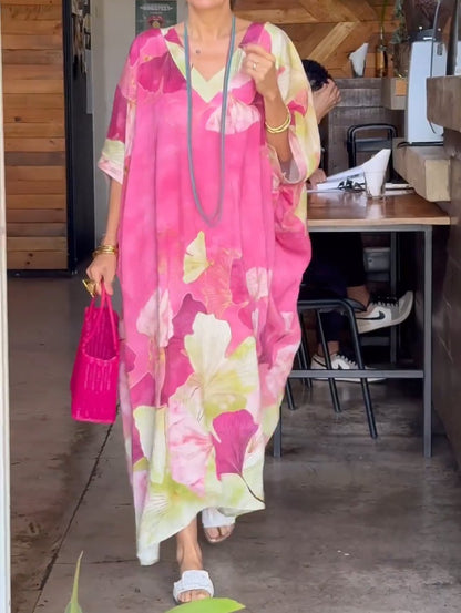 Asian Floral Print V-neck Plus Size Loose Dress
