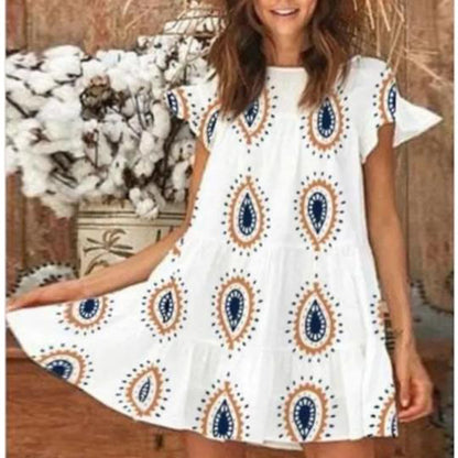 Women's Printed Dress With Ruffled Short Sleeves Plus Size Skirt