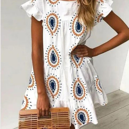 Women's Printed Dress With Ruffled Short Sleeves Plus Size Skirt