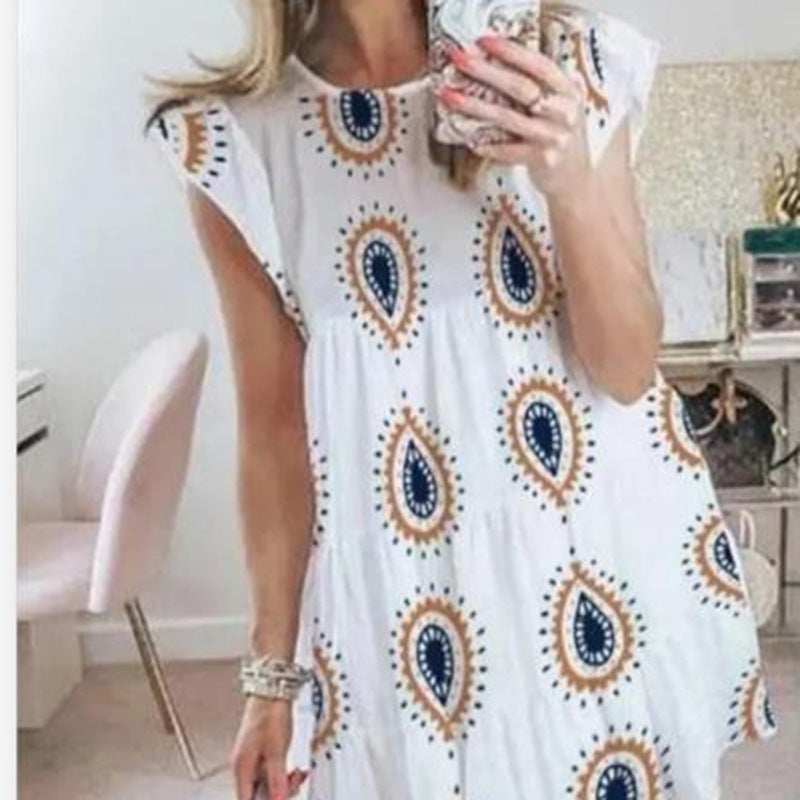 Women's Printed Dress With Ruffled Short Sleeves Plus Size Skirt