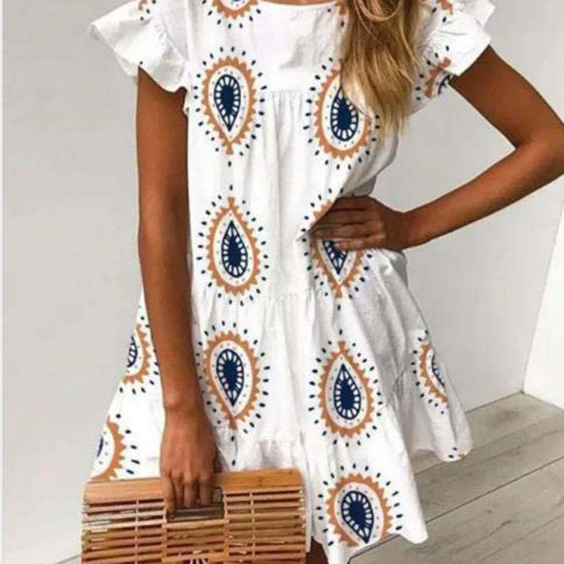 Women's Printed Dress With Ruffled Short Sleeves Plus Size Skirt