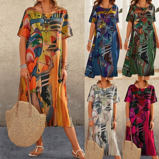 Fashion Casual Printed Dress Summer Short Sleeved Waist Round Neck Loose Beach Long Skirt
