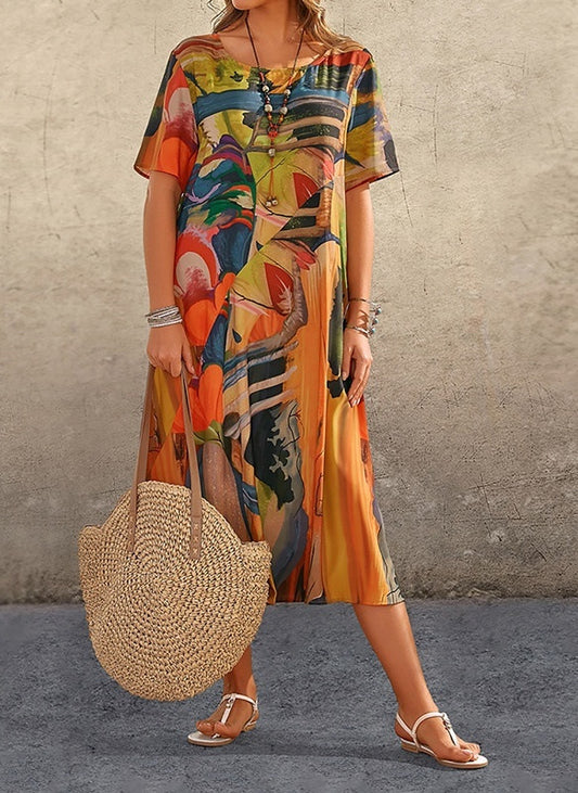 Fashion Casual Printed Dress Summer Short Sleeved Waist Round Neck Loose Beach Long Skirt