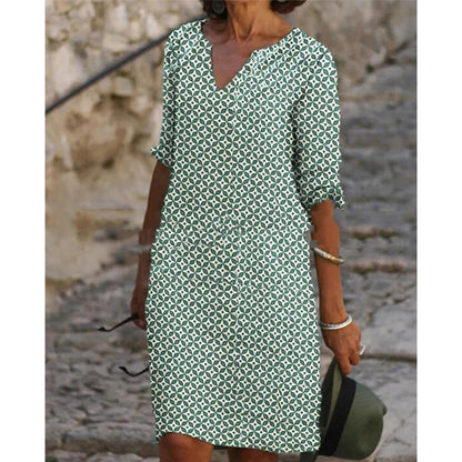 Summer Printed Loose Bamboo Fiber Linen Floral Short Sleeve Women's Dress