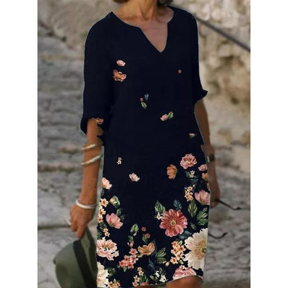 Summer Printed Loose Bamboo Fiber Linen Floral Short Sleeve Women's Dress