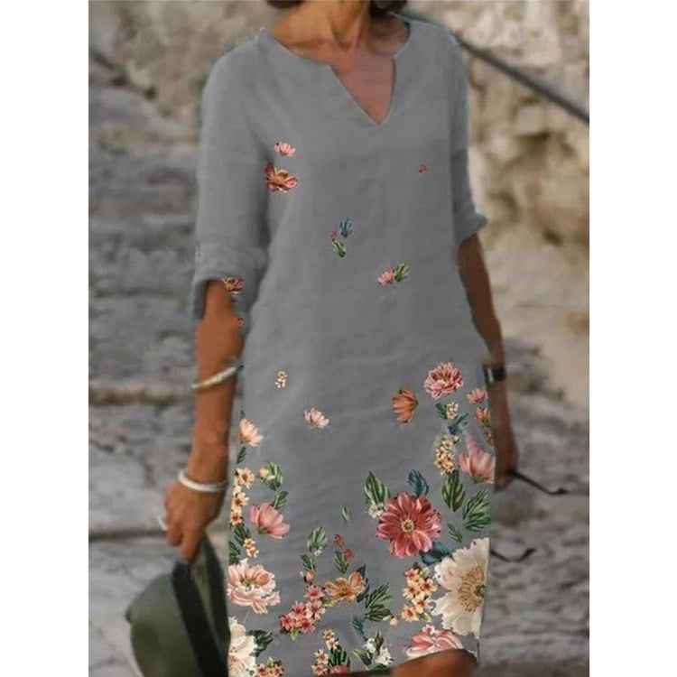 Summer Printed Loose Bamboo Fiber Linen Floral Short Sleeve Women's Dress