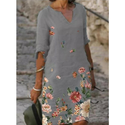 Summer Printed Loose Bamboo Fiber Linen Floral Short Sleeve Women's Dress
