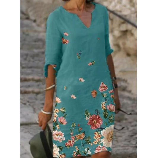 Summer Printed Loose Bamboo Fiber Linen Floral Short Sleeve Women's Dress