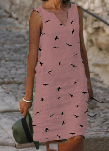 Women's Summer Vest Dress Bat Print Slim Long Skirt