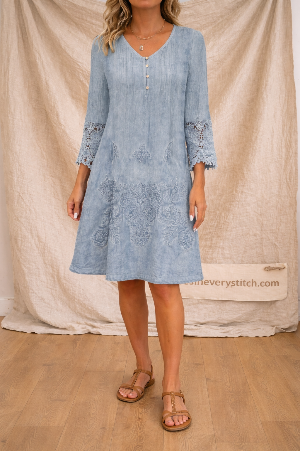 Lace Trim Button Midi Dress