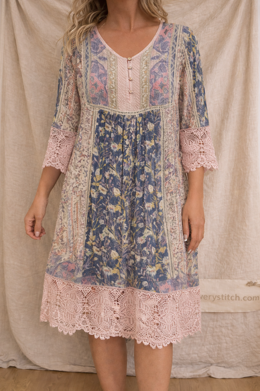 Bohemian Lace Trim Printed Midi Dress