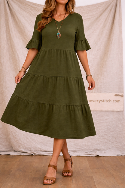 Classic Tiered Ruffle Sleeve Midi Dress