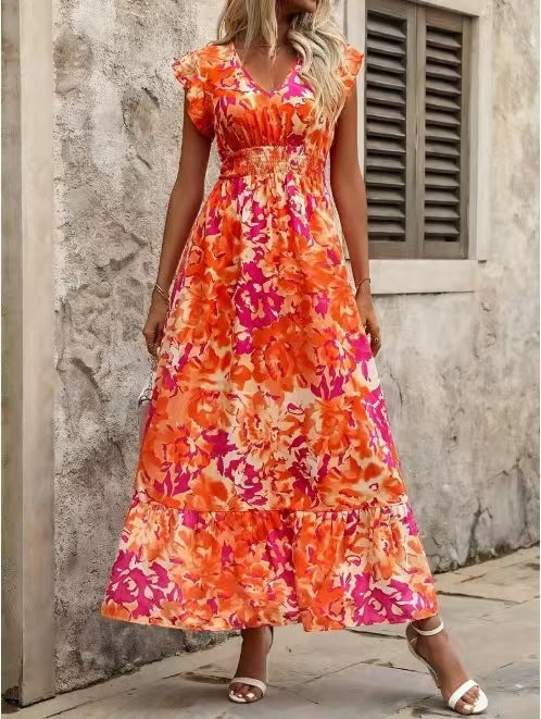 European And American Summer Seaside Vacation Style Fashion Floral Print Sleeveless Dress