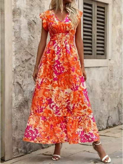 European And American Summer Seaside Vacation Style Fashion Floral Print Sleeveless Dress