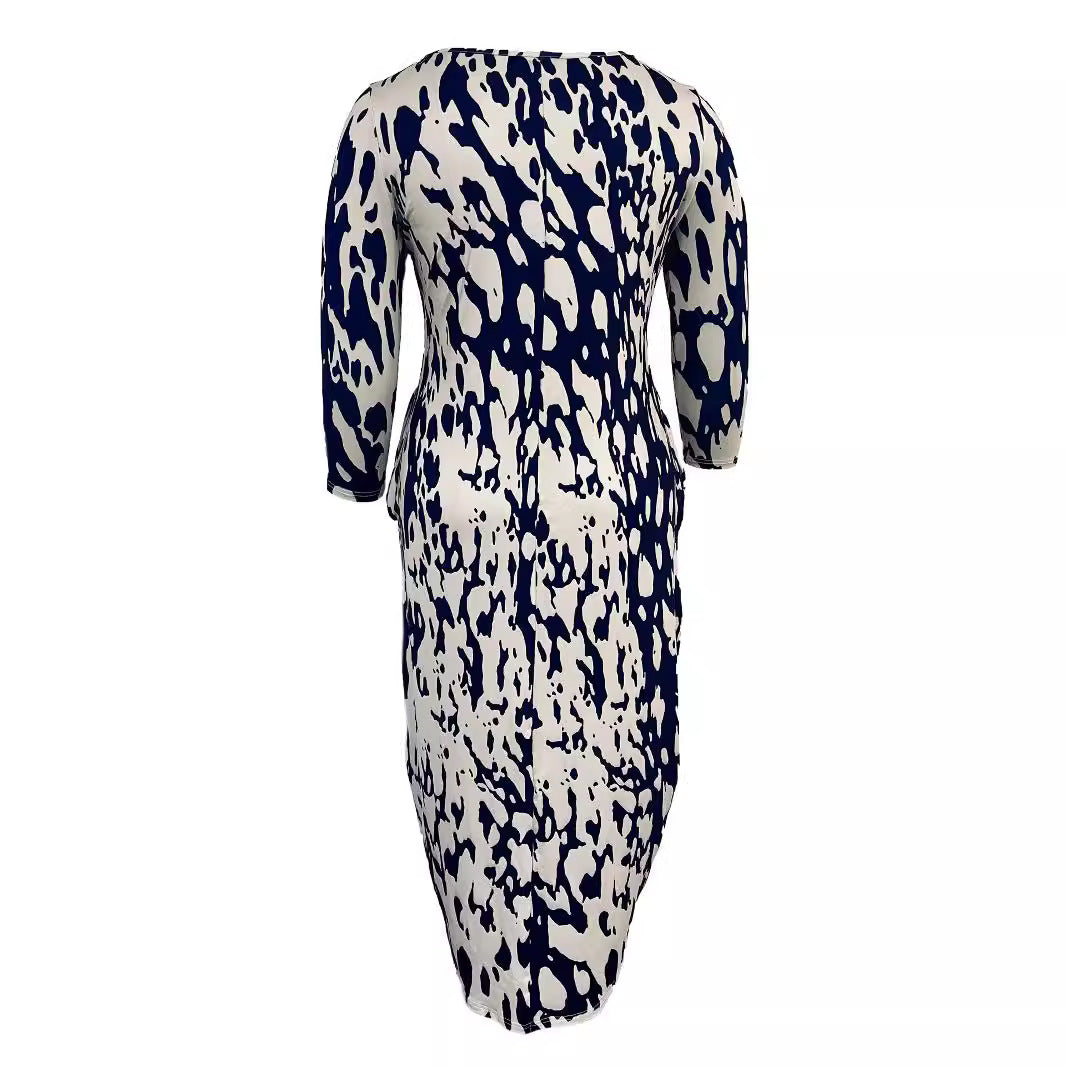 European And American New Pocket Round Neck Printing Plus Size Dress