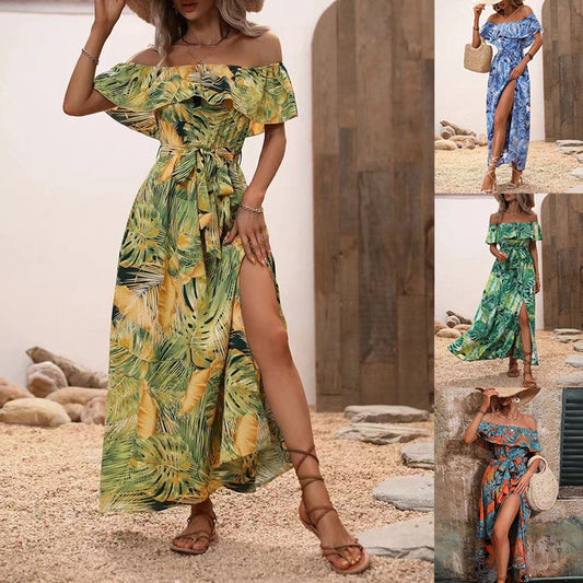 Women's Summer Boat Neck Ruffled Tied Waist-tight Dress