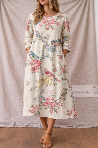 Women’s Vintage Floral Mixi Dress – Casual Loose Long Sleeve Summer Dress with Pockets