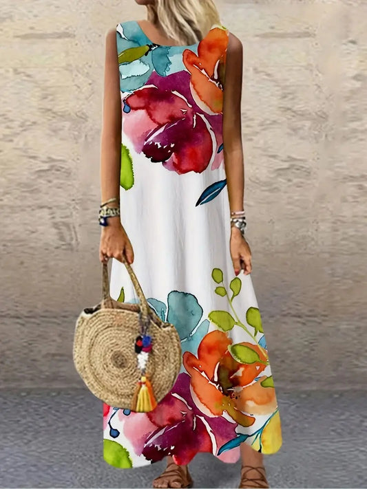 Holidaya Ladies Summer Floral Print Round Neck Sleeveless Dress For Casual Or Vacation
