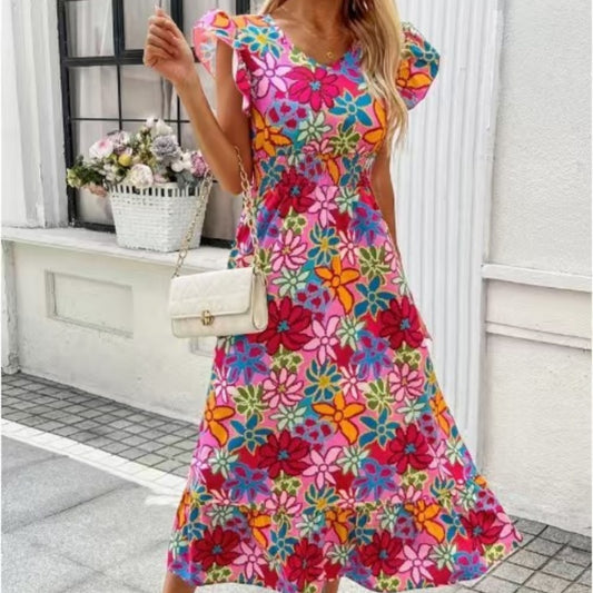 European And American Summer Seaside Vacation Style Fashion Floral Print Sleeveless Dress