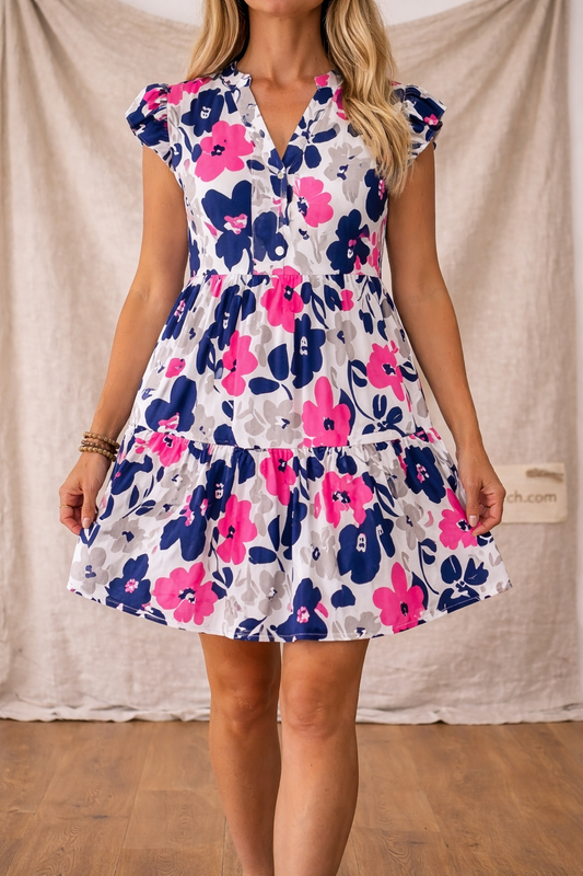 Floral Print Ruffle Sleeve Tiered Mini Dress