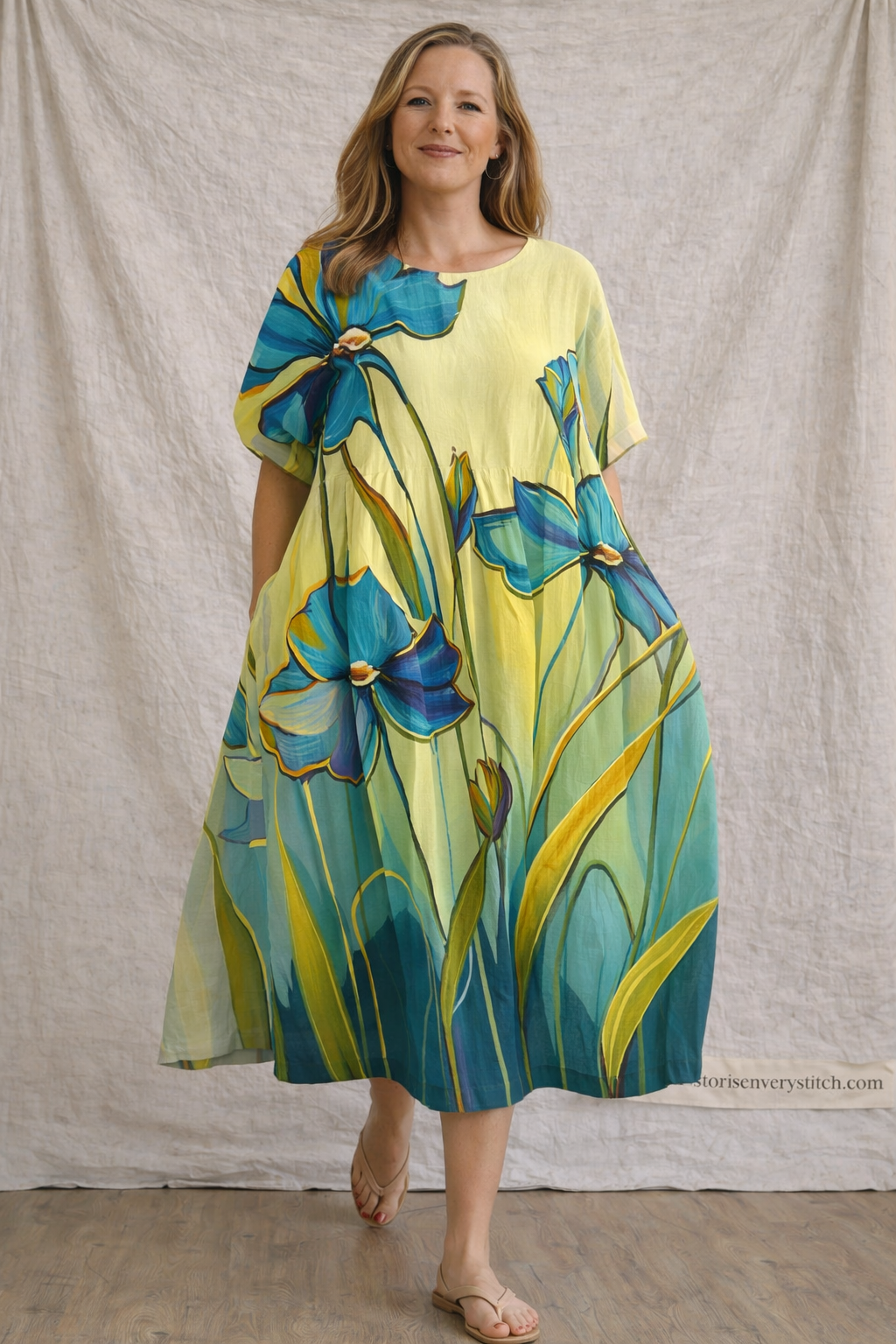 Women’s Elegant Floral Jacquard Midi Dress – Loose Fit Casual Summer A-Line Dress