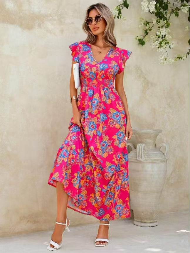 European And American Summer Seaside Vacation Style Fashion Floral Print Sleeveless Dress