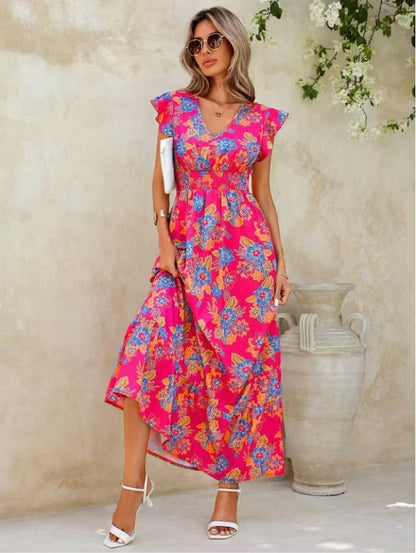 European And American Summer Seaside Vacation Style Fashion Floral Print Sleeveless Dress