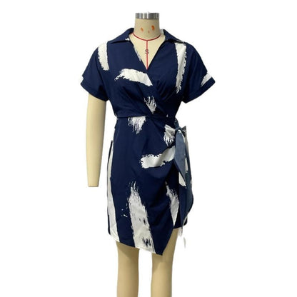 European American Summer New Women's V-neck Short Sleeve Printed Waist-controlled Dress