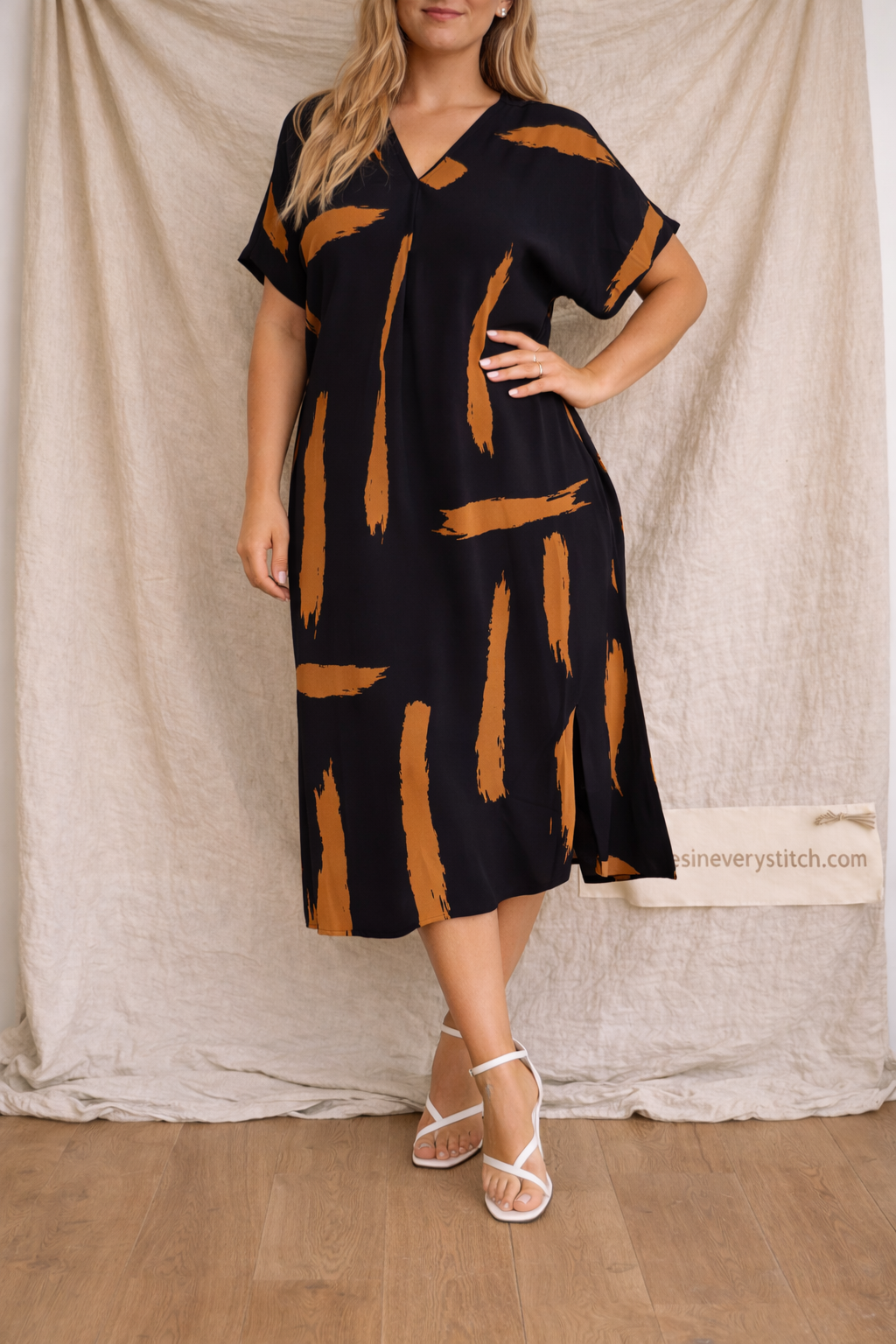 Midnight Brushstroke V-Neck Midi Dress