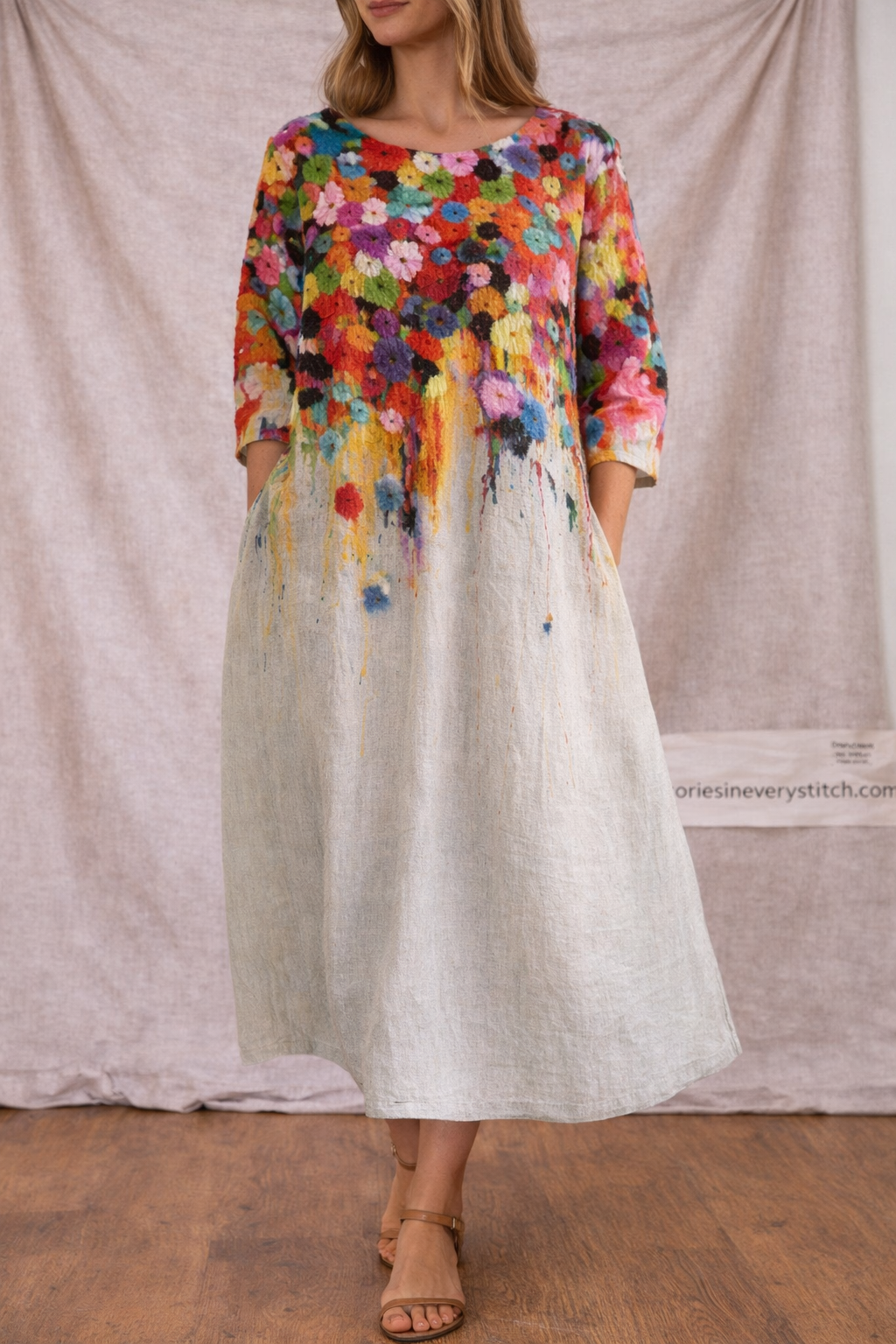 Women’s Vintage Floral Mixi Dress – Casual Loose Long Sleeve Summer Dress with Pockets